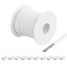 MECCANIXITY 197Ft(60M) Wire Rope 304 Stainless Steel Cable 3/64" (1.2 mm) Vinyl Coated with 10pcs Aluminum Sleeves for Hanging, Clotheslines, Lifting White