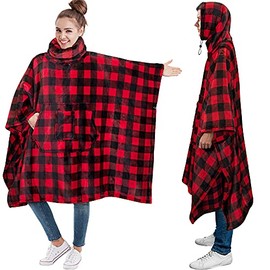 PAVILIA Wearable Blanket Poncho with Neck Warmer Hood, Plush Oversized Poncho Sweater, Large Blanket Cape Hoodie with Giant Pocket, Soft Cozy Warm Gift for Women Men Adult (Fleece, Checker Red)