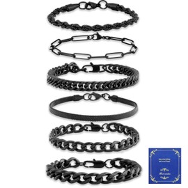 AWARDSEN 6PCS Mens Black Bracelet Black Chain Cuban Link Chain Bracelet Valentine's Day Mens Jewellery Gift for Men Him Dad Boyfriends Husband 7.5 inches
