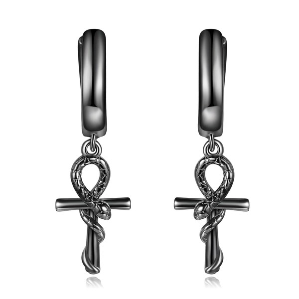 VENACOLY Ankh Huggie Hoop Earrings Dangle Drop Sterling Silver Egyptian