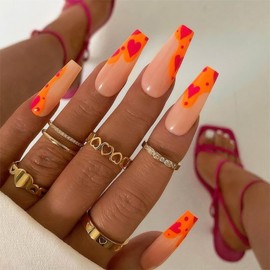 Long Square Press on Nails Ballerina False Nails Glossy Full Cover Acrylic Nails with Exquisite Designs Fake Nails Orange French Tip Glue on Nails Cute Nails Reusable Stick on Nails for Women