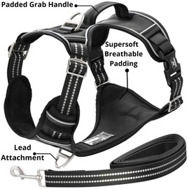 TUFFDOG Easy-Fit Dog Harness Large Dog - Fast Release Neck Clip, Premium Padded Reflective No Pull Harness with Control Handle, Adjustable Step-in Dog Vest Plus Free Matching Lead (L, Raven Black)