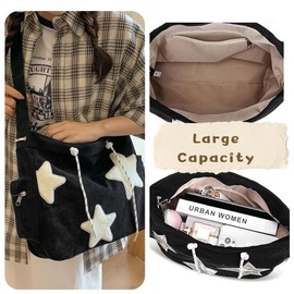 LOTEZAVA Corduroy Tote Bag for Women, Large Shoulder Bag with Zipper and Pockets, Casual Hobo Handbag for School, College, Work, Travel, Shopping, Black, Large, black