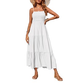 PRETTYGARDEN Women's Summer Maxi Dress 2025 Casual Boho Sleeveless Spaghetti Strap Smocked Tiered Long Beach Sun Dresses (White,XL)