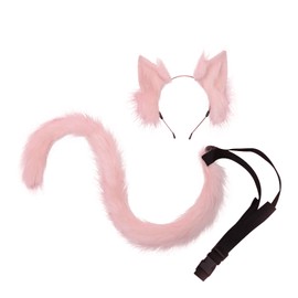 Fxaelian Cosplay Long Cat Tail and Ears Headband Set 2 PCS Pack for Women Men Kids - Pink