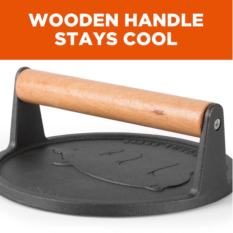 Commercial Chef Pre-Seasoned Cast Iron Press with Easy Grip Wooden