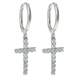 Rhodium-Plated Sterling Silver Cubic Zirconia Christian Cross Dangle Hoop Huggie Earrings