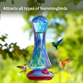 Hummingbird Feeder for Outdoors Hanging, Hand Blown Glass Hummingbird Present with Perch, Leak Proof, Never Fade, 4 Feeding Ports, 20 fl.oz, Include Hook, Ant Moat, Rope, Brush, Presents for Garden