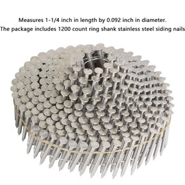 GXYWADY 1200Pcs 1-1/4 x 0.09 Inch Coil Roofing Ring Shank Siding Nails 15 Degree Coiled Nails, 304 Stainless Steel Wall Nails, Small Cap Coil Nails