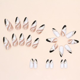24 pcs Almond Press on Nails Short Artificial Acrylic Fake Nails with Black White Ripple Gold Foil Shine Designs, Full Cover Reusable Coffin False Nails Women Glue on Nails Stick on Nails for Nail Art