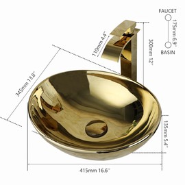 KECTIAKL Luxury Gold Bathroom Vessel Sink with Mixer Tap,16 Inch Ceramic Sink Bowl Wash Basin Above Counter Oval Bathroom Sink with Waterfall Faucet and Pop-up Drain Combo