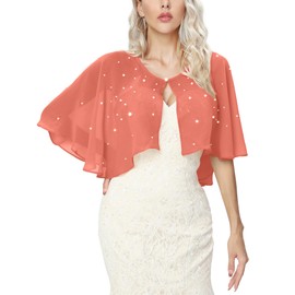 Heersan Bolero Women's Festive Elegant Chiffon Short Cardigan with Artificial Pearls Bolero Jacket Shoulder Jacket 3/4 Sleeves Perfect with Cocktail Dress Evening Dress, orange, Unit size