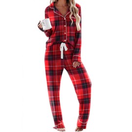 Ekouaer Long Pj Set Womens Two Piece Loungewear Cozy Knit Matching Lounge Set Long Sleeve Winter Sleepwear (Christmas Plaid,Small)