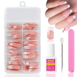 120Pcs French Tip False Nails Square, Medium Long Press on Nails Nude Color Acrylic Fake Nails Kit, Full Cover Glue on Nails Tips Manicure Decorations with Nail File, Cuticle Pusher and Glue