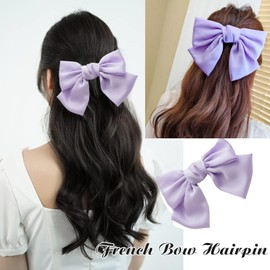 MISSTARS Bow Hair Clip, Hair Bows for Women, Big Bowknot Hairpin French Hair Clips Solid Color Soft Satin Silky Hair Bows for Women Girls (Purple)