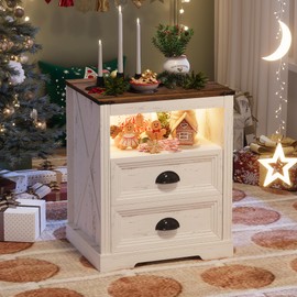 FONTOI Farmhouse Nightstand, End Table with Drawers, Nightstand with Charging Station, Bedside Table with 3 LED Lights Modes, Wood Nightstand with Smart Human Sensor for Bedroom, Brown & White