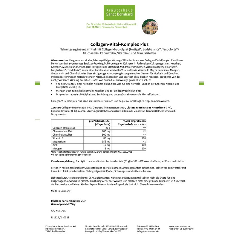 Sanct Bernhard Collagen Vital Complex Plus | Collagen Hydrolysate, Glucosamine,
