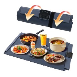 Electric Warming Mat for Food, Foldable Upgrade Graphene Heating Film Full-Surface Heat in 10s, 5h Timer & 6 Temp Level, Portable Silicone Food Warming Mat for Buffet Parties with Child Lock - Blue