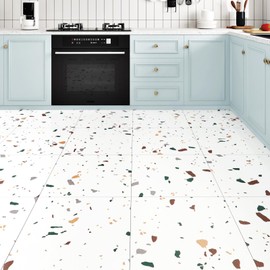 Wallderful 20 Pack White Terrazzo Peel and Stick Floor Tile Colorful Laminate Flooring Waterproof Bathroom Tile Sticker Luxury Vinyl Sheet Flooring for Basement Kitchen House Yellow Green Mable 12x12