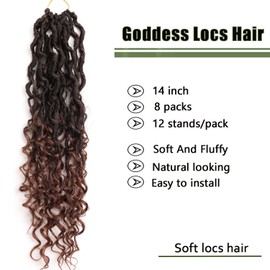 LMZIM 14 inch Goddess Locs Crochet Hair 8 Packs Boho Locs Crochet Braids,Hippie Locs Crochet Hair for Black Women Faux locs Croceht Hair Pre Looped River Locs Crochet Hair with Curly Ends 1B/30