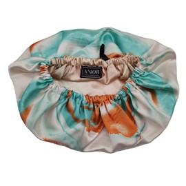 AMOR Silky Satin Bonnet for Women Hair Care, Double Layer Silky Satin Night Hair Wrap with Wide Elastic for Frizzy Hair Protection (Orange-Sea Green)