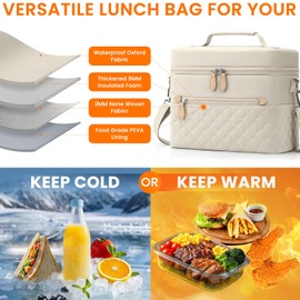 Tenot Insulated Lunch Box for Women Reusable, Leak Proof Cooler Lunch Bag Women for Work Stylish Quilted Lunch Tote Bag for Adult Picnic Travel Hiking Beige