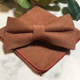Brown Orange [Bow Tie & Pocket Square] 2-piece Set, Men's One-Touch Formal Plain Wedding After-Party, brown orange