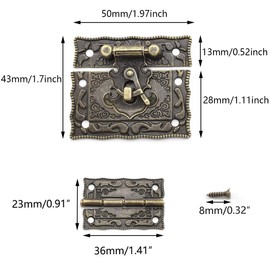SDTC Tech Antique Bronze Rectangle Right Hook Hasp Latch and Engraved Hinge Kit for Decorating Vintage Style Furniture Jewelry Box Cabinet Suitcase (2X Hasps + 4X Hinges)