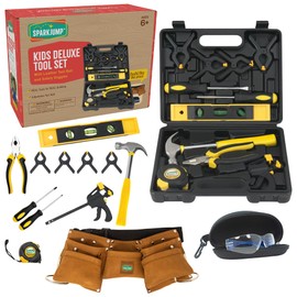 SparkJump Deluxe Kids Tool Set, Real Tools with Leather Tool Belt & Tool Box, Beginner Tool Kit for Boys & Girls Ages 4-6 & Up, Brown Ultimate Tool Set