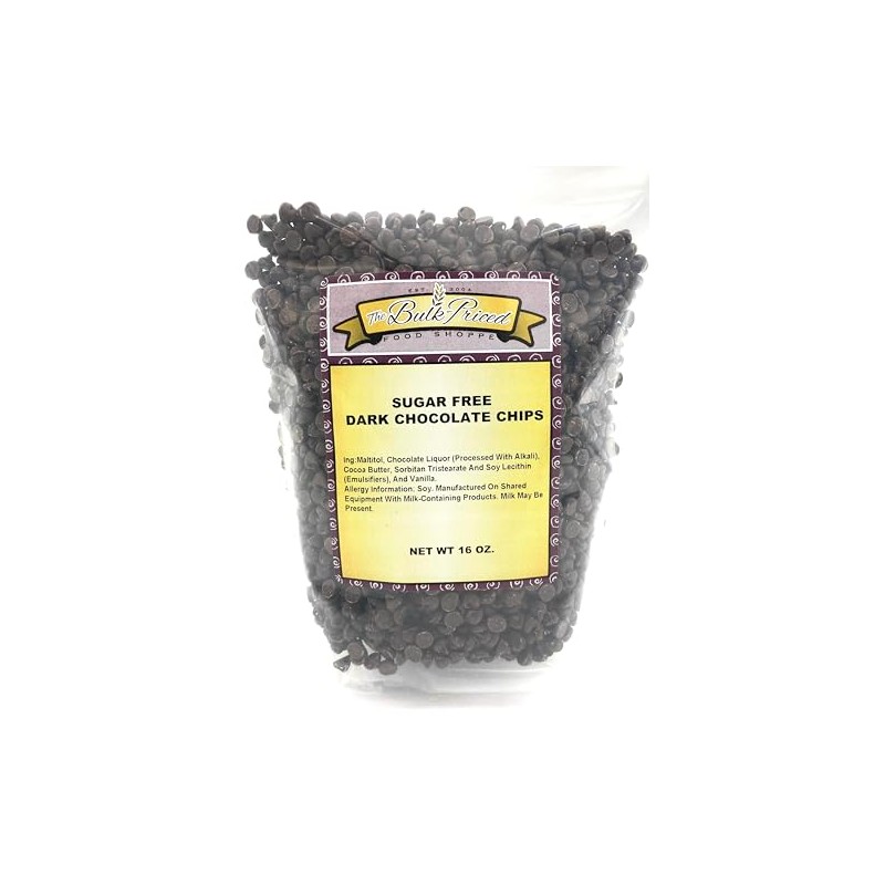 Sugar Free Dark Chocolate Chips, (1lb Resealable Zip Lock Bag)