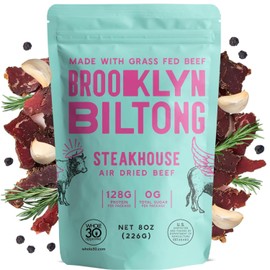 Brooklyn Biltong Air Dried Grass Fed Beef Snack, South African Beef Jerky (8 oz, Pack of 1) - Whole30 Approved, Paleo, Keto, Gluten Free, Sugar Free, Made in USA - (Steakhouse)