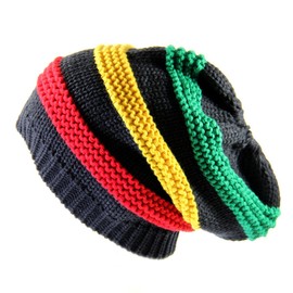 RW Ponytail Ribbed Stretch Slouchy Beanie Hat (Dark Gray/Rasta)