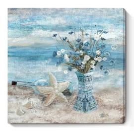Large Canvas Wall Art for Living Room Blue Beach Wall Decor Ocean Theme Print Seaside Framed Artwork for Bedroom Bathroom Abstract Seascape Painting Coastal Flower Picture Home Office Decor 30x30inch