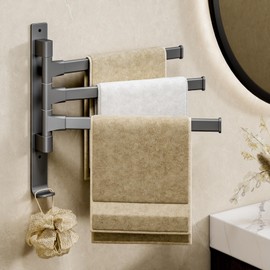 yozhch Kitchen Swivel Towel Rack Wall Mounted, Bathroom Rotating Small Towel Rack, Lavatory Swing Hand Towel Holder Folding Bar, Nail-free or Drilled Mounting Options, 3 Arm Length 32cm Grey
