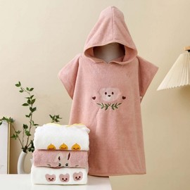 Children's Hooded Bath Towel Cape - Ultra-Soft Coral Velvet Absorbent Quick-Dry Robe Hooded Pink Bear Cape + 60*120cm 4ea