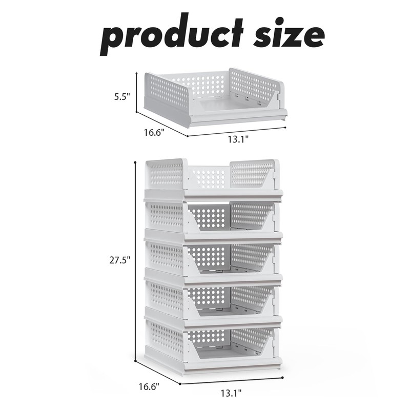 Proarea Stackable Closet Storage Bins, 5 Pack Closet Organizers and
