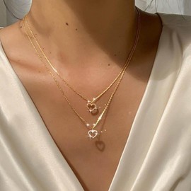 TseenYi Love Heart Layered Necklace Gold Hollow CZ Heart Necklace Tiny Crystsl Heart Choker Necklace Layering Chain Necklace Chain Jewelry for Women and Girls