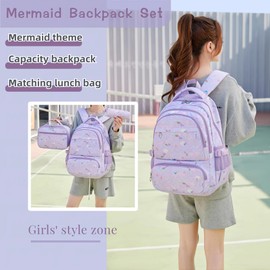 3Pcs Mermaid Kids Backpack Set for Girls with Lunchbox, Mermaid Girls Backpack School Bag and Lunch Bag Set