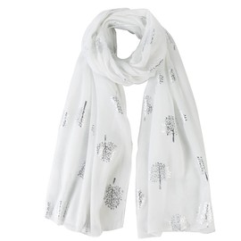 London Scarfs Glitter Mulberry Trees Scarf Women Foil Printed Tree Fashion Ladies Wrap (White With Silver Foil)