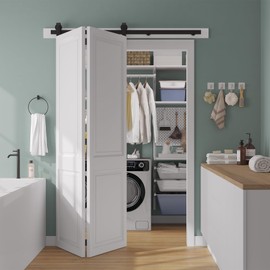 SMARTSTANDARD 60" Bifold Sliding Barn Door Hardware Kit, 5ft Top Mount Bi-Folding Track Kit for Double 28" Closet Pantry Laundry Doors-Smoothly and Quietly, Black [No Door]