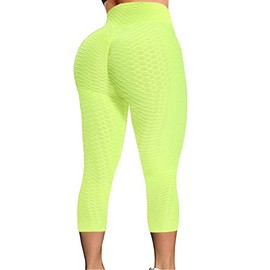 FITTOO Women's Textured Booty Scrunch Capri Leggings Ruched Yoga Pants Butt Lifting Workout Tights Neon Yellow XXL