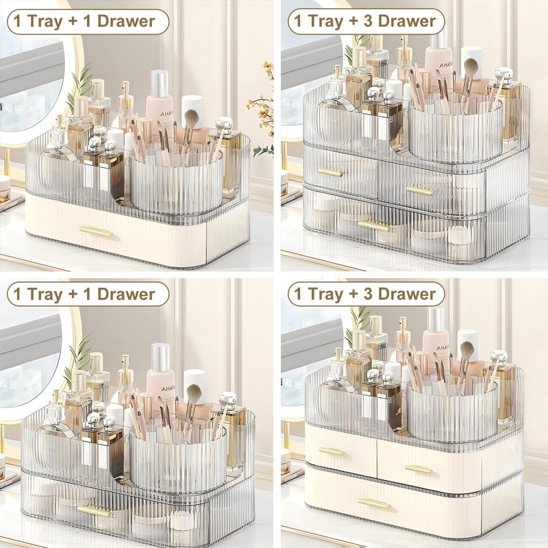 DASITON Makeup Organizer with Drawers and Rotating Makeup Brush Holder,Large