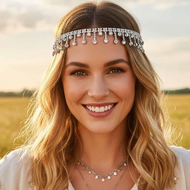 Yokawe Rhinestone Headband Crystal Head Chain Elastic Boho Sparkle Tassel Headpieces for Women(Silver B)