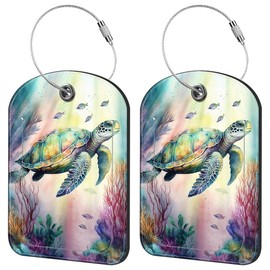 iapodiad 2 Pack Cute Luggage Tag for Suitcases Sea Turtle Leather Luggage Tags with Stainless Steel Loop Privacy Flap Name Tags,Men and Women Travel Bag Suitcase Tags