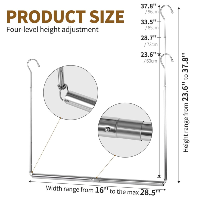 HDbonemu Foldable Hanging Closet Rod Adjustable Width and Height, Chrome