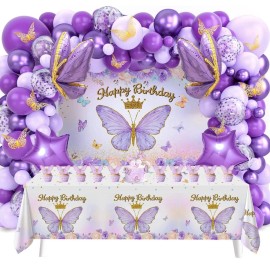 Generic 107 Pcs Purple Butterfly Birthday Decoration Set Indoor Outdoor Party