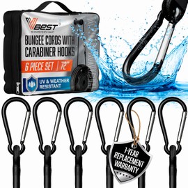 VBEST Extra Long Bungee Cords with Carabiner Hooks - Large Heavy Duty Outdoor Black Bungie Straps Set of 6 Pieces 72 Inch