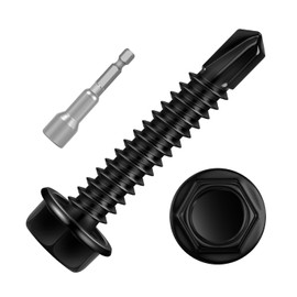 80 PCS #12 x 1-1/2" Sheet Metal Screws, Black Hex Washer Head Self Drilling Screw, Flanged Hex Self Tapping Screws, 410 Stainless Steel, Hex Bit Socket Included