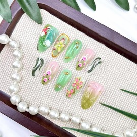 30Pcs Green Press on Nails Medium Almond Fake Nails 3D Koi Fish Flower False Nails with Gilding Line Design Gold Gems Glue on Nail Glitter Summer Artificial Stick on Nails Full Cover for Women