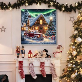 VIGEGU Christmas Paint by Numbers Kit for Adults with Framed,Winter Truck Christmas Tree House Aurora Landscape Paint by Number DIY Adult Paint by Number Kits for Wall Decor 12x12in